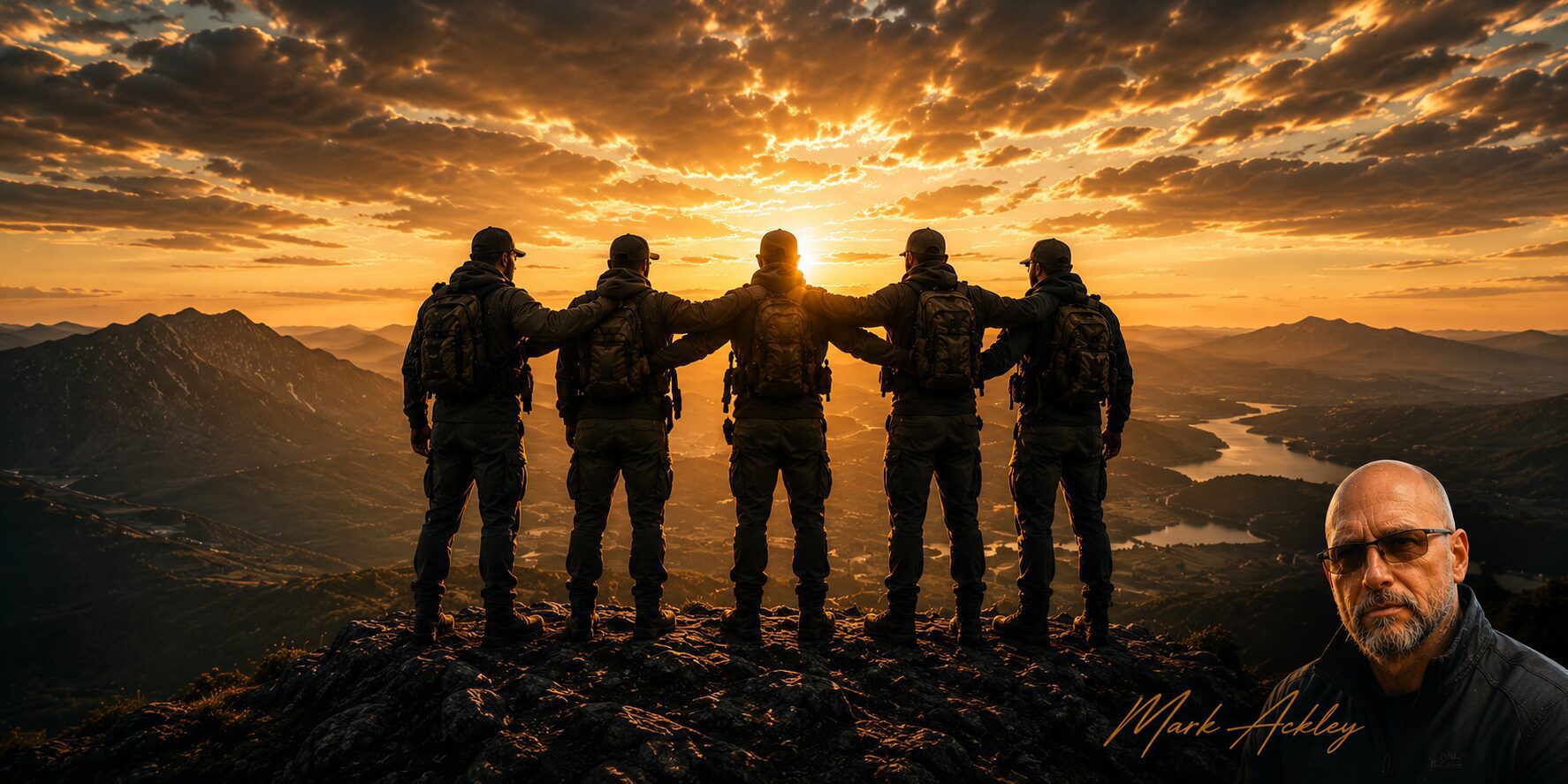 Five figures embracing on mountain ridge at sunset
